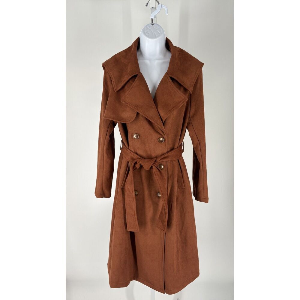 Solitaire Faux Suede Belted Trench Coat Duster Jacket Cognac Brown
